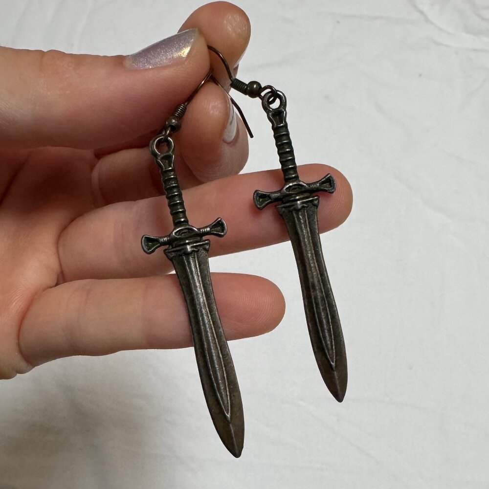 Bronze Pewter Tarnished Cast Sword Dagger Knife Earrings